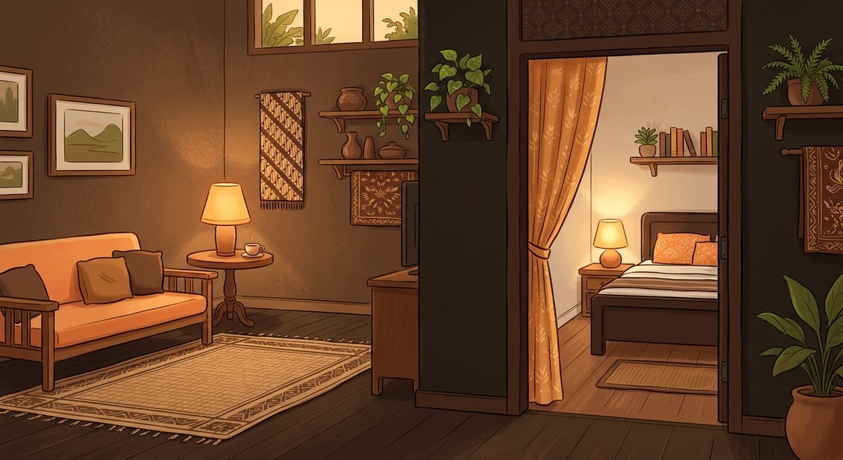 Ilustrasi kamar dengan batas ruang yang jelas antara area istirahat dan area aktivitas