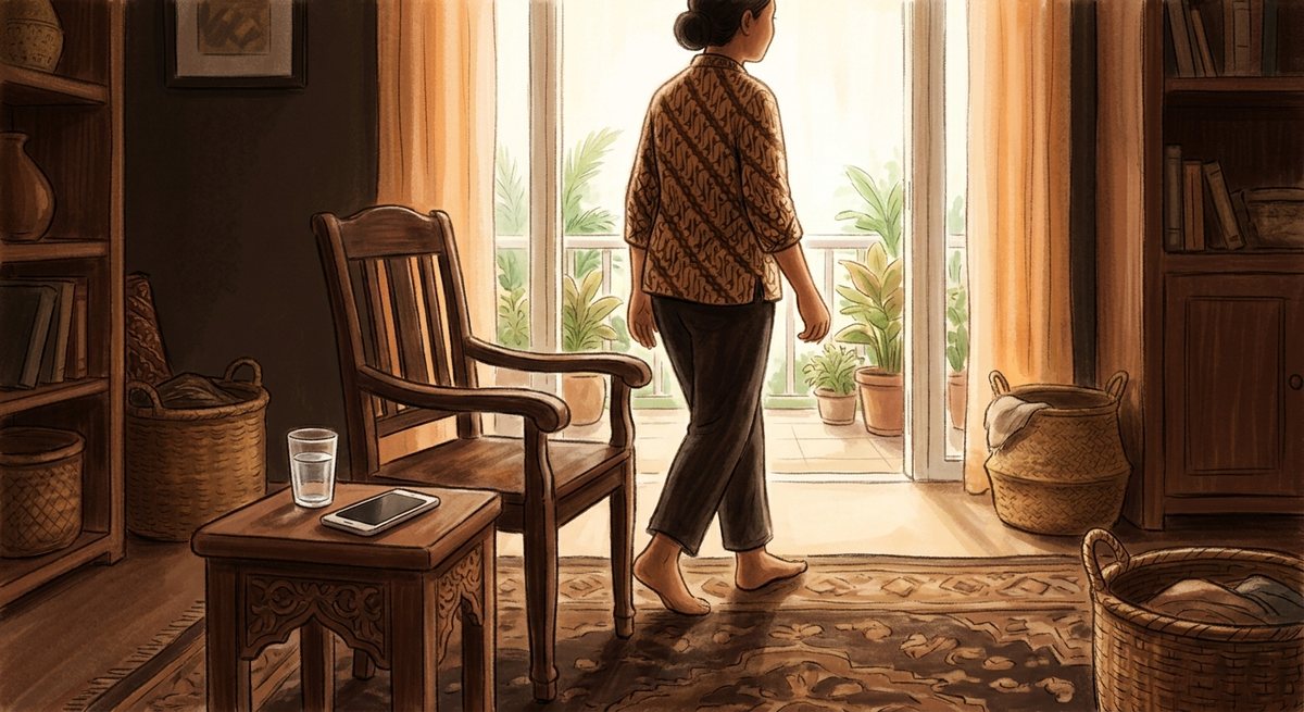 Ilustrasi seseorang berdiri dari kursi dan berjalan ke teras rumah setelah menutup layar ponsel