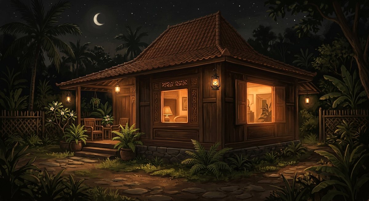 Ilustrasi rumah hangat di malam hari dengan cahaya jendela menyala dari dalam