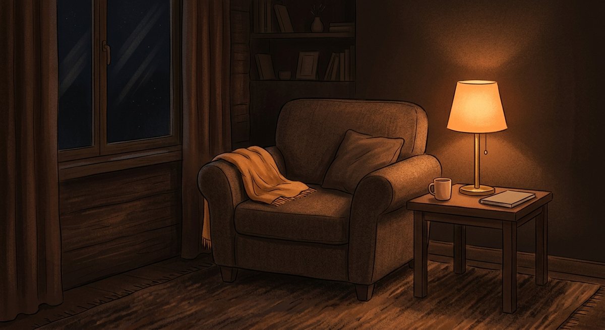 Ilustrasi sudut ruangan dengan satu kursi dan lampu hangat sebagai zona khusus bermain